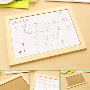 Detailed view of a wooden frame whiteboard with handwritten messages and cork surface