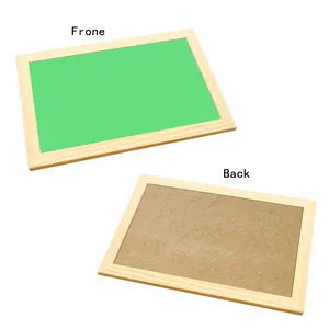 Front and back detail of a wooden framed green chalkboard for children drawing and display