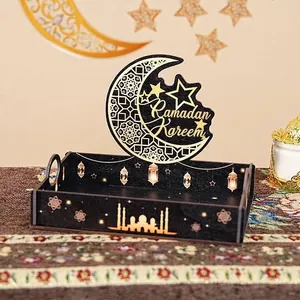 Elegant black wooden Ramadan crescent moon decorative storage tray with gold star patterns