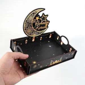 Elegant black wooden Ramadan decorative tray featuring gold moon star and mosque pattern designs