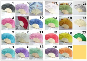 Selection of 23 vibrant colored silk folding fans with bamboo ribs for weddings