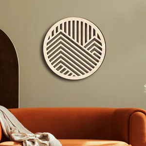 Decoración de pared circular de madera con patrones geométricos de montaña para el hogar.