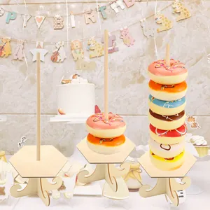 Close-up detail of hexagonal wooden donut stand showing stacking capacity for party decor