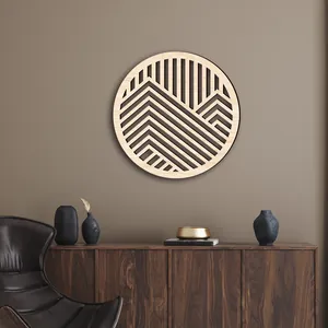 Arte de pared de madera geométrico 3D moderno con diseño de montaña en sala mínima.