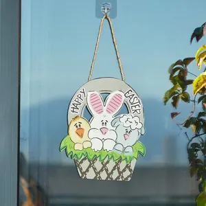 Plaque de porte de Pâques en bois avec un motif mignon de lapin, de poussin et de mouton