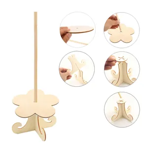 Step-by-step assembly details for a wooden donut display stand with a floral base