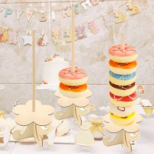 Set of three wooden donut stands for birthday party and wedding dessert table decoration