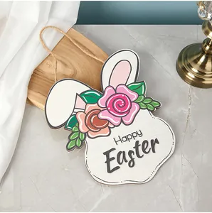 Plaque de porte lapin de Pâques décorative en bois avec fleurs et corde de chanvre