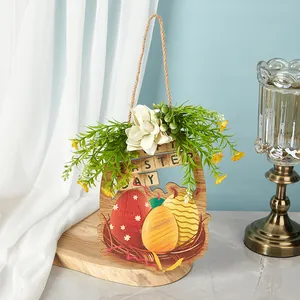 Panneau décoratif de Pâques en bois avec fleurs artificielles et texte Happy Easter