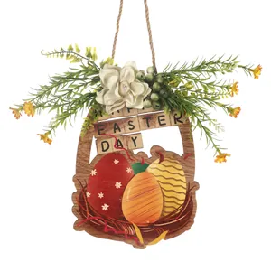 Décoration de porte de Pâques en bois avec œufs peints et fleurs ornementales
