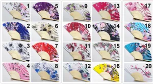 Grid display of 20 Japanese-style satin folding fans with various floral patterns