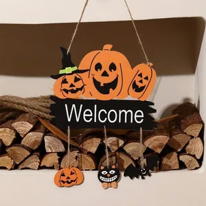 Halloween wooden welcome sign with pumpkins, black cat and bat decorations