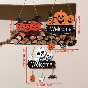 Halloween wooden door hangings featuring pumpkin and skull designs with Welcome signs