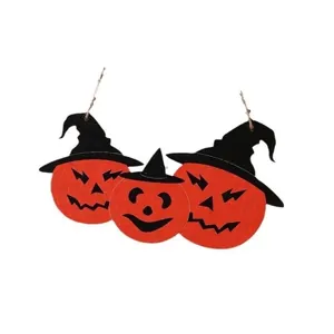 Spooky Halloween wooden hanging sign featuring three pumpkin heads with black witch hats