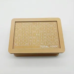 Vintage houten spaarpot met 1000 euro spaardoelraster voor kinderen en volwassenen