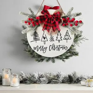 Wit Houten Merry Christmas Deurhanger Rustiek Rond Welkomstbord met Buffalo Ruit Strik Bessen Huis Wanddecoratie Cadeau