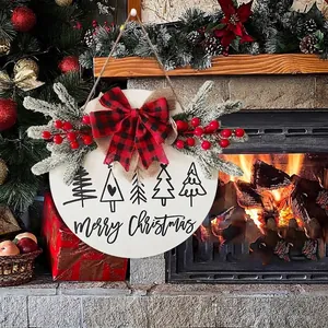 Houten kerst deurbordje met rood geruite strik en Merry Christmas tekst