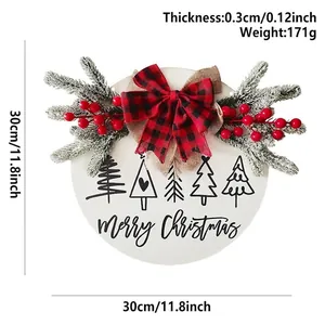 Ronde houten Merry Christmas deurbord met rode ruitjes strik en dennentakken