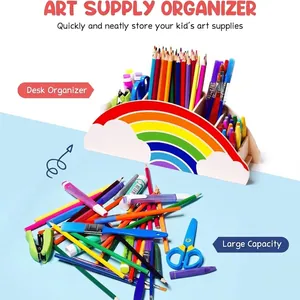 Detail shot of a vibrant rainbow desk organizer storing various colorful art supplies