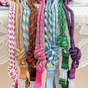 Close-up of colorful braided nylon shoulder straps for eco-friendly shopping bags.