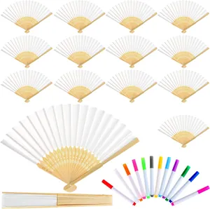 Bulk white paper folding fans set with colorful markers for DIY wedding party favors