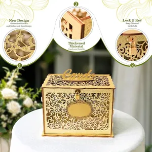 Glitter Gold Wedding Card Box With Lock Hollow Rose Floral Pattern Wood Acrylic Gift Card Box For Graduation Party Supplies