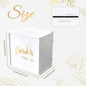 White wedding gift card box with gold lettering and size dimensions
