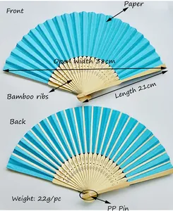 Detailed dimensions and materials of blue folding paper fan for wedding favors