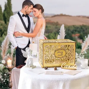 Elegant glitter gold laser-cut wedding card box with lock and customizable name plate