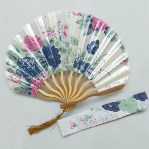 Elegant Japanese style floral satin folding fan with matching fabric sleeve and gold tassel