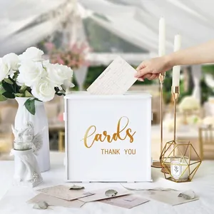 Elegant white wedding card box with gold lettering for reception guest gift cards