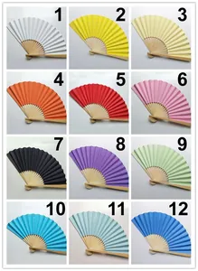 Detailed overview of 12 vibrant candy-colored 9-inch blank paper folding fans for weddings