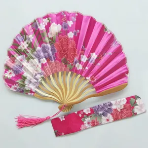 Elegant pink floral satin folding fan with bamboo ribs, pink tassel and matching fabric pouch