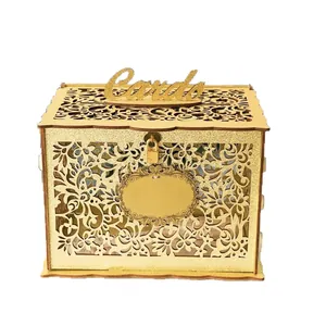 Elegant gold glitter hollow card box with lock for weddings, graduations and parties