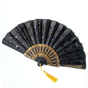 Detailed view of a black Spanish folding fan with blue sequins and golden embroidery