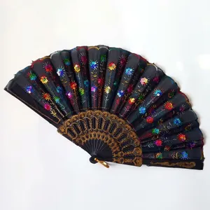 Close-up of Spanish style folding fan with colorful sequins and floral embroidery