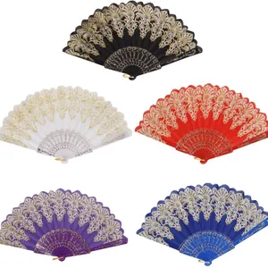 Abanico Plegable de Encaje con Estampado en Caliente Lujoso Vintage Floral Abanico de Danza Decoración de Boda Elegante