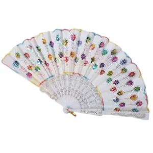 Handmade white folding fan decorated with vibrant multi-colored sequins and floral embroidery.
