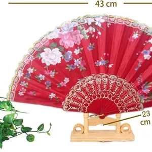 Elegant red floral satin folding fan with white lace trim and plastic ribs for dance