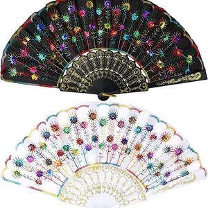 Pair of hand-embroidered folding fans with colorful sequins and gold-trimmed ribs.