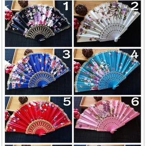 Set of 6 colorful floral folding fans with durable plastic ribs and elegant gold lace