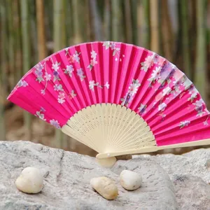 Elegant pink floral silk folding fan with natural bamboo ribs for summer wedding gifts
