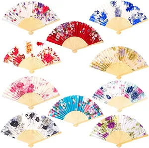 Pack of 10 vintage 21cm bamboo folding fans featuring diverse colorful floral patterns