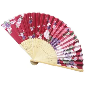 Japanese style 21cm floral folding hand fan with punched bamboo ribs and red silk fabric