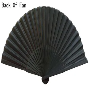 Detailed back view of a classic black silk folding fan featuring sturdy bamboo ribs
