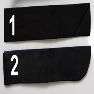 Close-up of two traditional black silk fans with black ribs shown in closed position