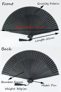 Detailed view of black bamboo folding fan with dimensions 40cm width and 21cm length