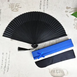 Set de abanico plegable de bambú negro con caja de regalo azul y funda protectora negra