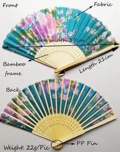 Japanese floral folding fan detail with dimensions, bamboo frame, and fabric texture