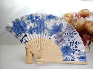 Detailed view of an elegant 21cm Chinese style bamboo folding fan with blue floral pattern